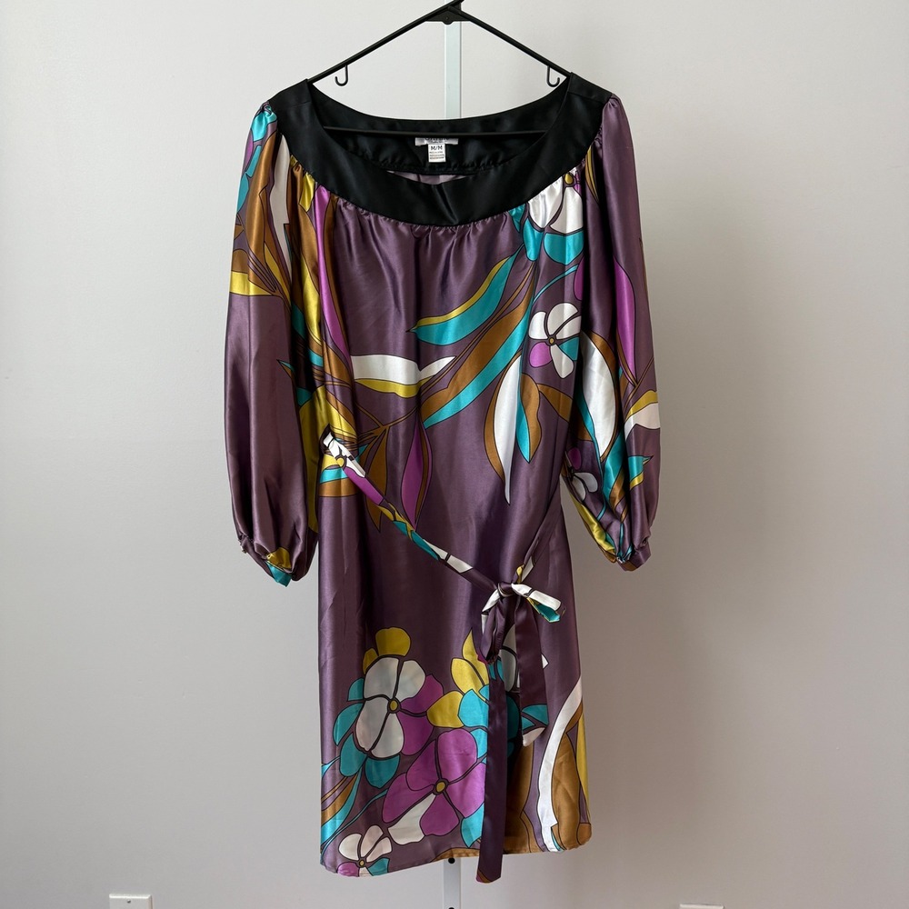 Citrine Boho Quirky Mod Floral Retro Satin Balloon Sleeve Shift Dress M Purple